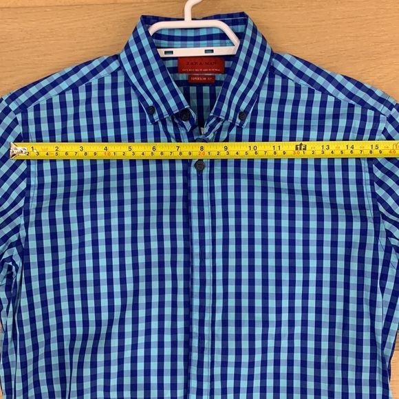ZARA MEN BLUE CHECKERED SHORT SLEEVE DRESS SHIRT - SIZE SMALL - Picture 3 of 5